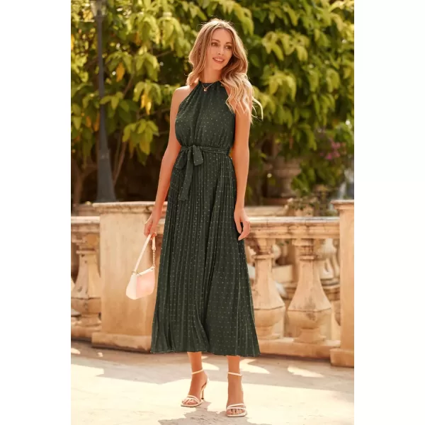 imagePRETTYGARDEN Womens Summer Casual Long Dress Sleeveless Halter Neck Swiss Dot Pleated Beach Maxi Sun DressesArmy Green