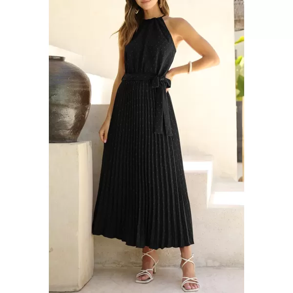 imagePRETTYGARDEN Womens Summer Casual Long Dress Sleeveless Halter Neck Swiss Dot Pleated Beach Maxi Sun DressesBlack