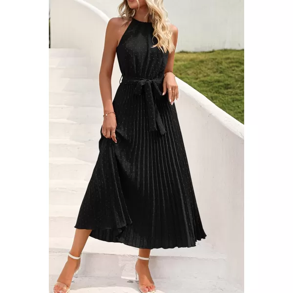 imagePRETTYGARDEN Womens Summer Casual Long Dress Sleeveless Halter Neck Swiss Dot Pleated Beach Maxi Sun DressesBlack