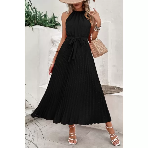 imagePRETTYGARDEN Womens Summer Casual Long Dress Sleeveless Halter Neck Swiss Dot Pleated Beach Maxi Sun DressesBlack