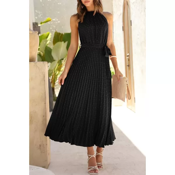 imagePRETTYGARDEN Womens Summer Casual Long Dress Sleeveless Halter Neck Swiss Dot Pleated Beach Maxi Sun DressesBlack