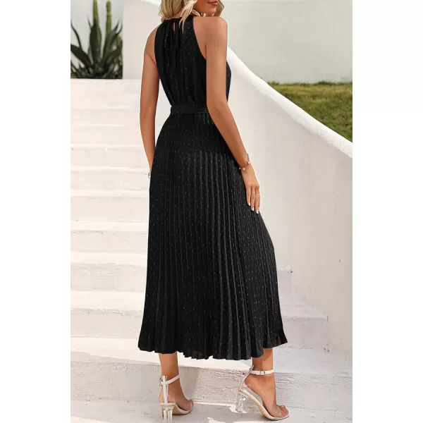 imagePRETTYGARDEN Womens Summer Casual Long Dress Sleeveless Halter Neck Swiss Dot Pleated Beach Maxi Sun DressesBlack