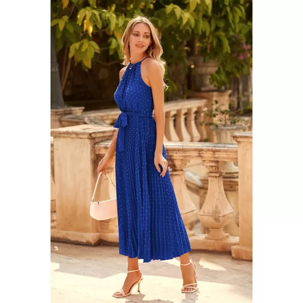 imagePRETTYGARDEN Womens Summer Casual Long Dress Sleeveless Halter Neck Swiss Dot Pleated Beach Maxi Sun DressesBlue