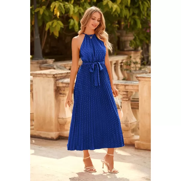 imagePRETTYGARDEN Womens Summer Casual Long Dress Sleeveless Halter Neck Swiss Dot Pleated Beach Maxi Sun DressesBlue