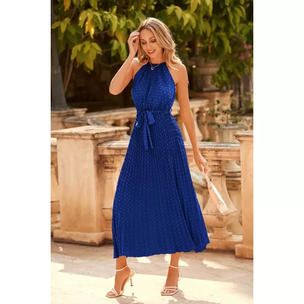 imagePRETTYGARDEN Womens Summer Casual Long Dress Sleeveless Halter Neck Swiss Dot Pleated Beach Maxi Sun DressesBlue