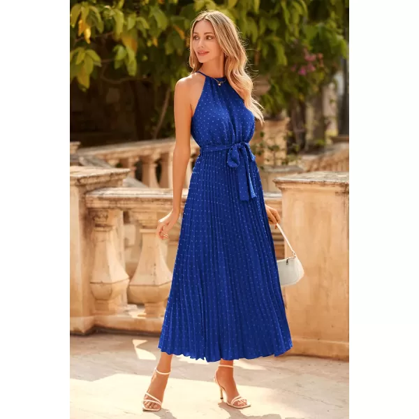 imagePRETTYGARDEN Womens Summer Casual Long Dress Sleeveless Halter Neck Swiss Dot Pleated Beach Maxi Sun DressesBlue