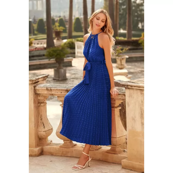 imagePRETTYGARDEN Womens Summer Casual Long Dress Sleeveless Halter Neck Swiss Dot Pleated Beach Maxi Sun DressesBlue