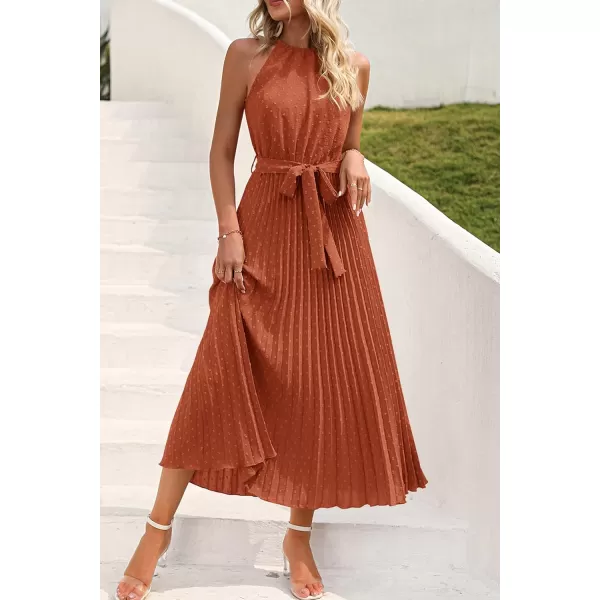 imagePRETTYGARDEN Womens Summer Casual Long Dress Sleeveless Halter Neck Swiss Dot Pleated Beach Maxi Sun DressesBrick Red