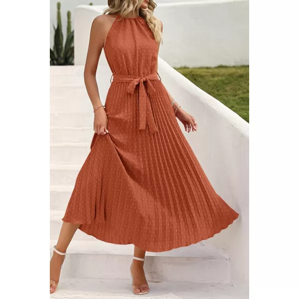 imagePRETTYGARDEN Womens Summer Casual Long Dress Sleeveless Halter Neck Swiss Dot Pleated Beach Maxi Sun DressesBrick Red