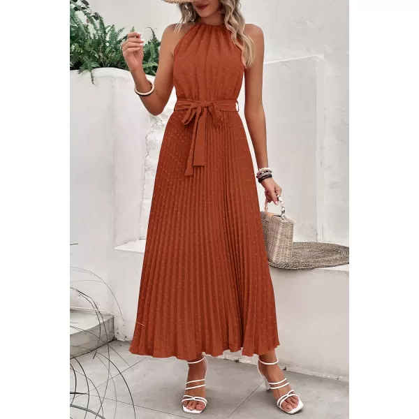 imagePRETTYGARDEN Womens Summer Casual Long Dress Sleeveless Halter Neck Swiss Dot Pleated Beach Maxi Sun DressesBrick Red