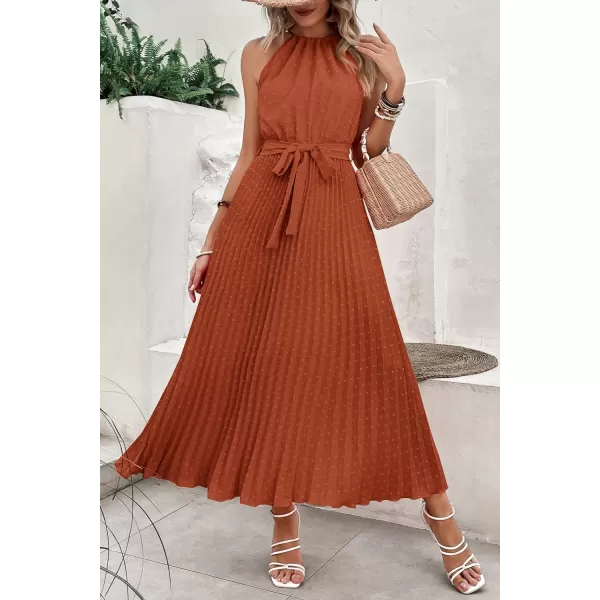 imagePRETTYGARDEN Womens Summer Casual Long Dress Sleeveless Halter Neck Swiss Dot Pleated Beach Maxi Sun DressesBrick Red