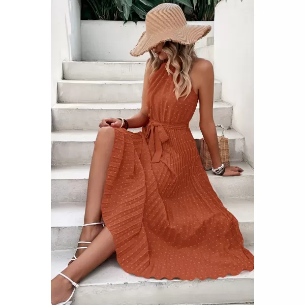 imagePRETTYGARDEN Womens Summer Casual Long Dress Sleeveless Halter Neck Swiss Dot Pleated Beach Maxi Sun DressesBrick Red