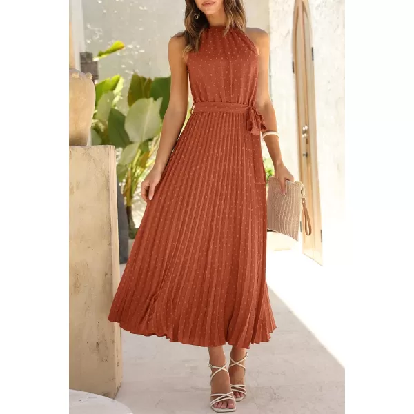 imagePRETTYGARDEN Womens Summer Casual Long Dress Sleeveless Halter Neck Swiss Dot Pleated Beach Maxi Sun DressesBrick Red