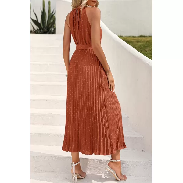imagePRETTYGARDEN Womens Summer Casual Long Dress Sleeveless Halter Neck Swiss Dot Pleated Beach Maxi Sun DressesBrick Red