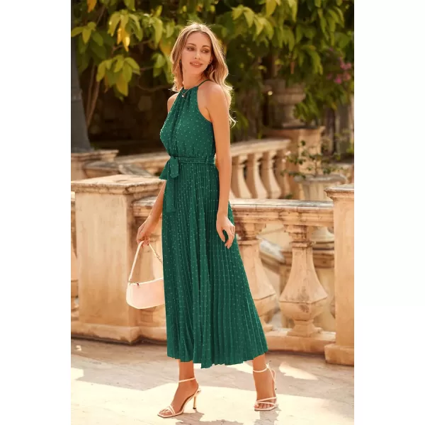 imagePRETTYGARDEN Womens Summer Casual Long Dress Sleeveless Halter Neck Swiss Dot Pleated Beach Maxi Sun DressesDark Green