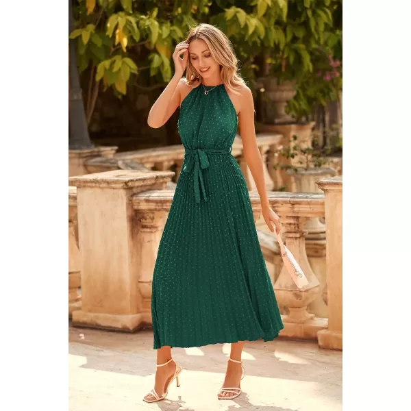 imagePRETTYGARDEN Womens Summer Casual Long Dress Sleeveless Halter Neck Swiss Dot Pleated Beach Maxi Sun DressesDark Green