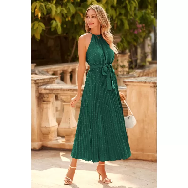 imagePRETTYGARDEN Womens Summer Casual Long Dress Sleeveless Halter Neck Swiss Dot Pleated Beach Maxi Sun DressesDark Green