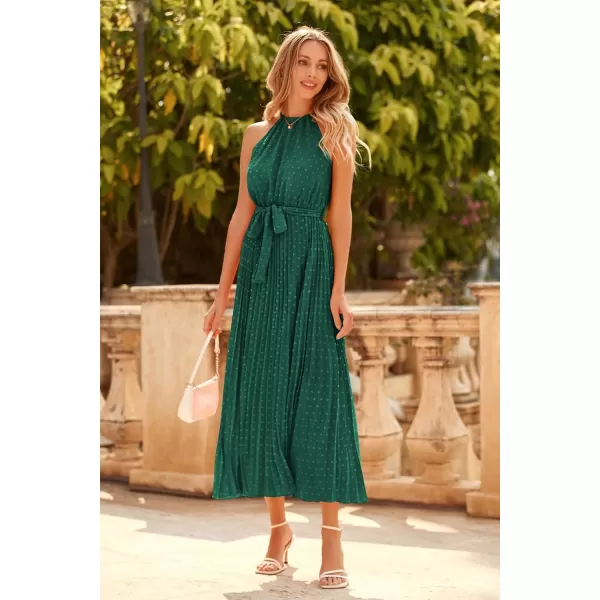 imagePRETTYGARDEN Womens Summer Casual Long Dress Sleeveless Halter Neck Swiss Dot Pleated Beach Maxi Sun DressesDark Green