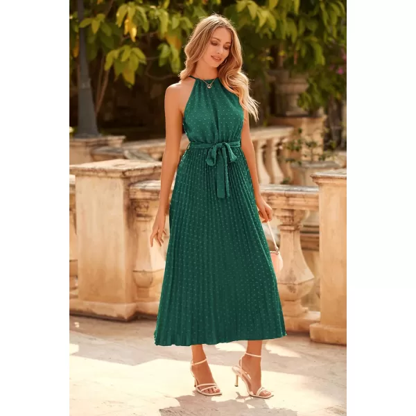 imagePRETTYGARDEN Womens Summer Casual Long Dress Sleeveless Halter Neck Swiss Dot Pleated Beach Maxi Sun DressesDark Green