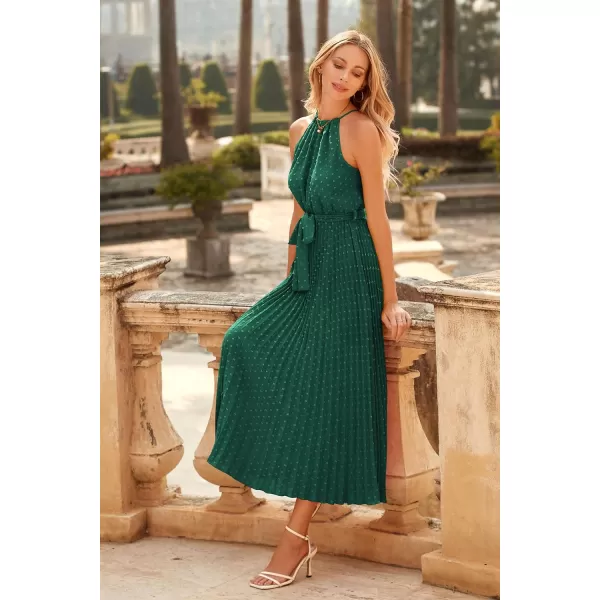 imagePRETTYGARDEN Womens Summer Casual Long Dress Sleeveless Halter Neck Swiss Dot Pleated Beach Maxi Sun DressesDark Green