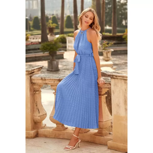 imagePRETTYGARDEN Womens Summer Casual Long Dress Sleeveless Halter Neck Swiss Dot Pleated Beach Maxi Sun DressesLight Blue