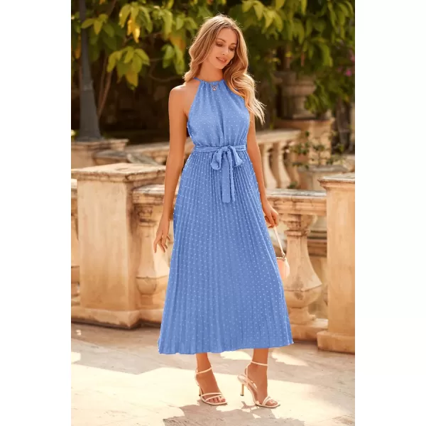 imagePRETTYGARDEN Womens Summer Casual Long Dress Sleeveless Halter Neck Swiss Dot Pleated Beach Maxi Sun DressesLight Blue