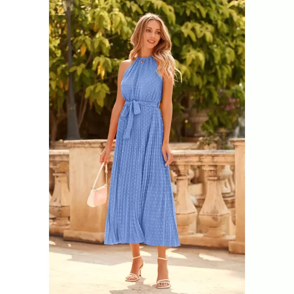 imagePRETTYGARDEN Womens Summer Casual Long Dress Sleeveless Halter Neck Swiss Dot Pleated Beach Maxi Sun DressesLight Blue