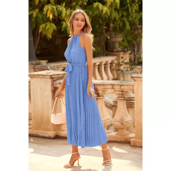 imagePRETTYGARDEN Womens Summer Casual Long Dress Sleeveless Halter Neck Swiss Dot Pleated Beach Maxi Sun DressesLight Blue