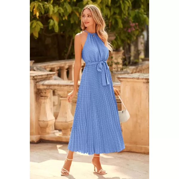 imagePRETTYGARDEN Womens Summer Casual Long Dress Sleeveless Halter Neck Swiss Dot Pleated Beach Maxi Sun DressesLight Blue