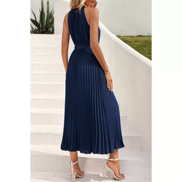 imagePRETTYGARDEN Womens Summer Casual Long Dress Sleeveless Halter Neck Swiss Dot Pleated Beach Maxi Sun DressesNavy