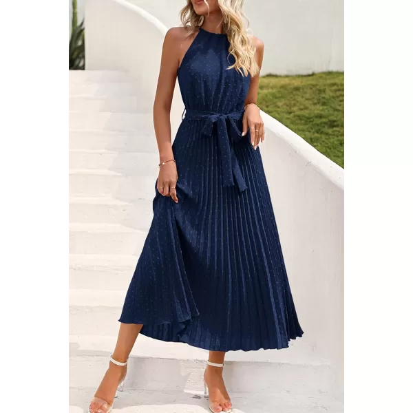 imagePRETTYGARDEN Womens Summer Casual Long Dress Sleeveless Halter Neck Swiss Dot Pleated Beach Maxi Sun DressesNavy