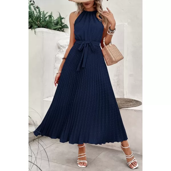 imagePRETTYGARDEN Womens Summer Casual Long Dress Sleeveless Halter Neck Swiss Dot Pleated Beach Maxi Sun DressesNavy