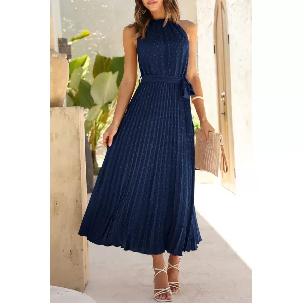 imagePRETTYGARDEN Womens Summer Casual Long Dress Sleeveless Halter Neck Swiss Dot Pleated Beach Maxi Sun DressesNavy