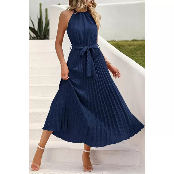 imagePRETTYGARDEN Womens Summer Casual Long Dress Sleeveless Halter Neck Swiss Dot Pleated Beach Maxi Sun DressesNavy