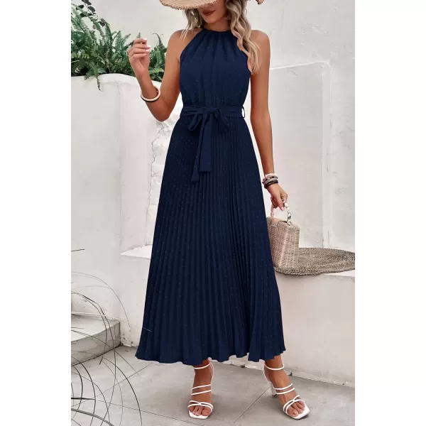 imagePRETTYGARDEN Womens Summer Casual Long Dress Sleeveless Halter Neck Swiss Dot Pleated Beach Maxi Sun DressesNavy