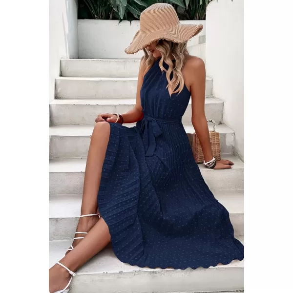 imagePRETTYGARDEN Womens Summer Casual Long Dress Sleeveless Halter Neck Swiss Dot Pleated Beach Maxi Sun DressesNavy