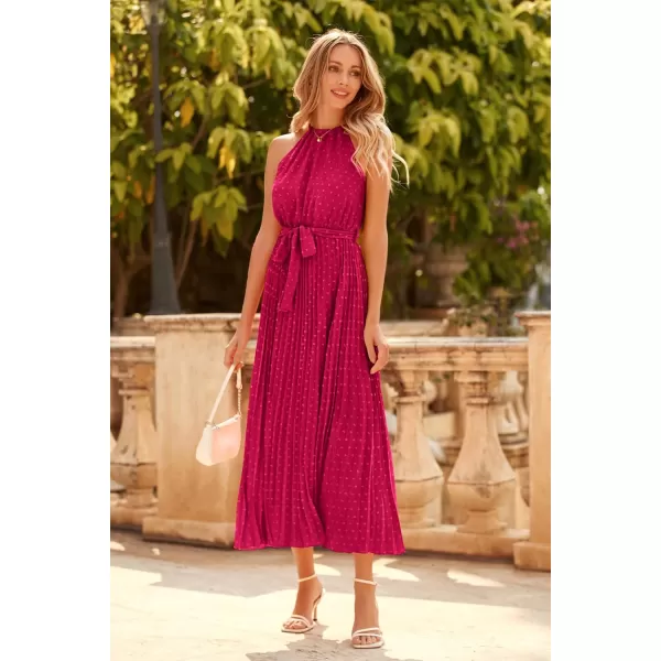 imagePRETTYGARDEN Womens Summer Casual Long Dress Sleeveless Halter Neck Swiss Dot Pleated Beach Maxi Sun DressesRose Red