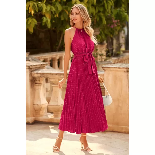 imagePRETTYGARDEN Womens Summer Casual Long Dress Sleeveless Halter Neck Swiss Dot Pleated Beach Maxi Sun DressesRose Red