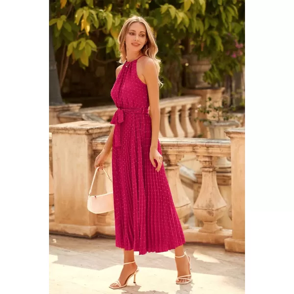 imagePRETTYGARDEN Womens Summer Casual Long Dress Sleeveless Halter Neck Swiss Dot Pleated Beach Maxi Sun DressesRose Red