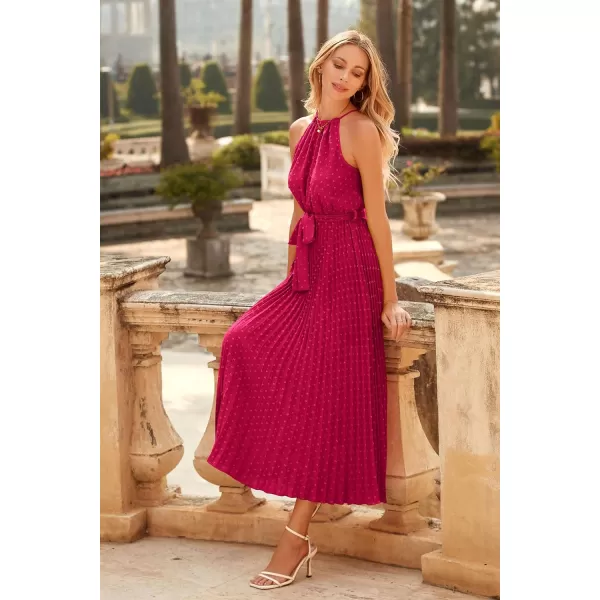 imagePRETTYGARDEN Womens Summer Casual Long Dress Sleeveless Halter Neck Swiss Dot Pleated Beach Maxi Sun DressesRose Red