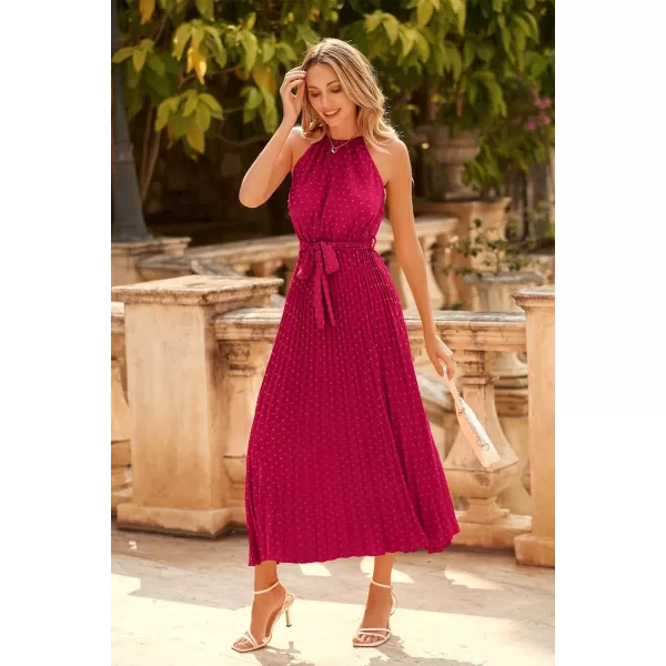 imagePRETTYGARDEN Womens Summer Casual Long Dress Sleeveless Halter Neck Swiss Dot Pleated Beach Maxi Sun DressesRose Red