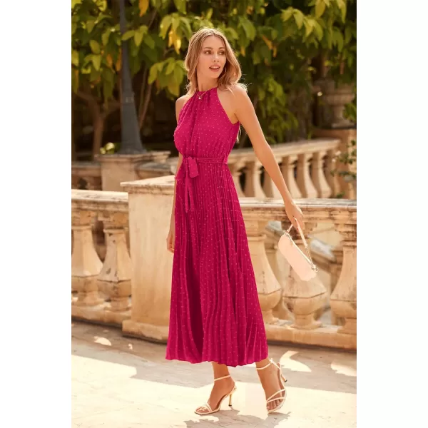 imagePRETTYGARDEN Womens Summer Casual Long Dress Sleeveless Halter Neck Swiss Dot Pleated Beach Maxi Sun DressesRose Red