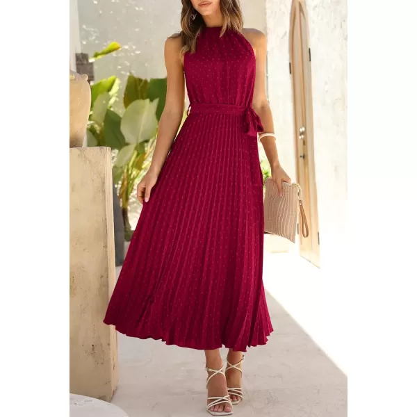 imagePRETTYGARDEN Womens Summer Casual Long Dress Sleeveless Halter Neck Swiss Dot Pleated Beach Maxi Sun DressesWine Red