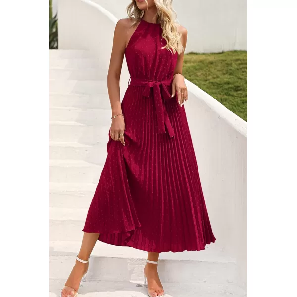 imagePRETTYGARDEN Womens Summer Casual Long Dress Sleeveless Halter Neck Swiss Dot Pleated Beach Maxi Sun DressesWine Red