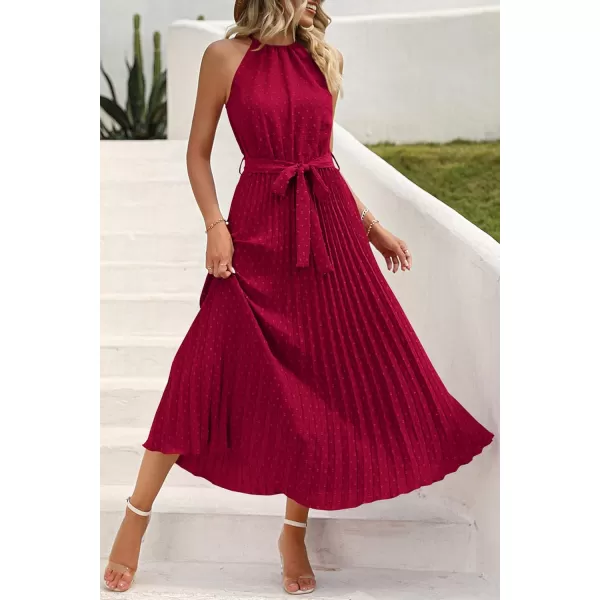 imagePRETTYGARDEN Womens Summer Casual Long Dress Sleeveless Halter Neck Swiss Dot Pleated Beach Maxi Sun DressesWine Red