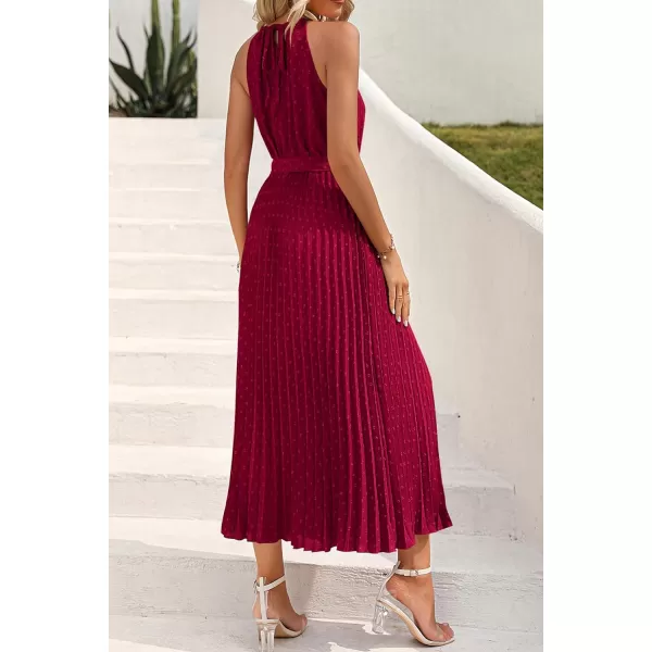 imagePRETTYGARDEN Womens Summer Casual Long Dress Sleeveless Halter Neck Swiss Dot Pleated Beach Maxi Sun DressesWine Red