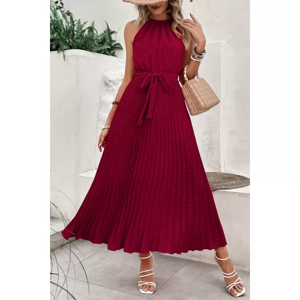 imagePRETTYGARDEN Womens Summer Casual Long Dress Sleeveless Halter Neck Swiss Dot Pleated Beach Maxi Sun DressesWine Red