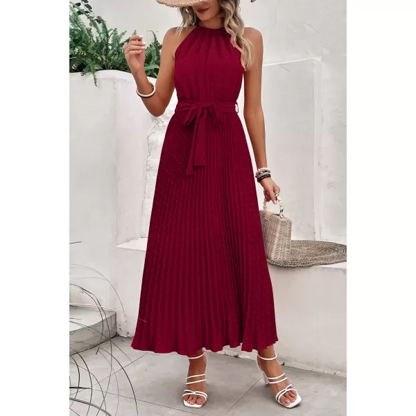 imagePRETTYGARDEN Womens Summer Casual Long Dress Sleeveless Halter Neck Swiss Dot Pleated Beach Maxi Sun DressesWine Red