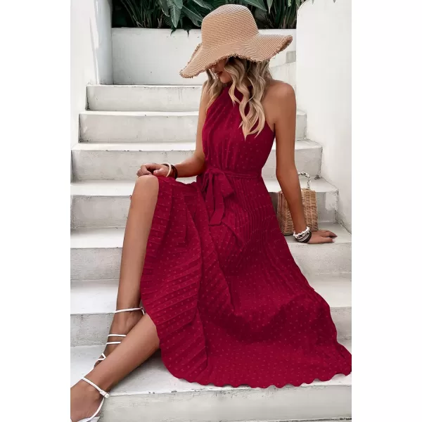 imagePRETTYGARDEN Womens Summer Casual Long Dress Sleeveless Halter Neck Swiss Dot Pleated Beach Maxi Sun DressesWine Red