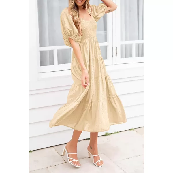 imagePRETTYGARDEN Womens Summer Casual Midi Dress Puff Sleeve Swiss Dot Long Flowy A Line DressesBeige